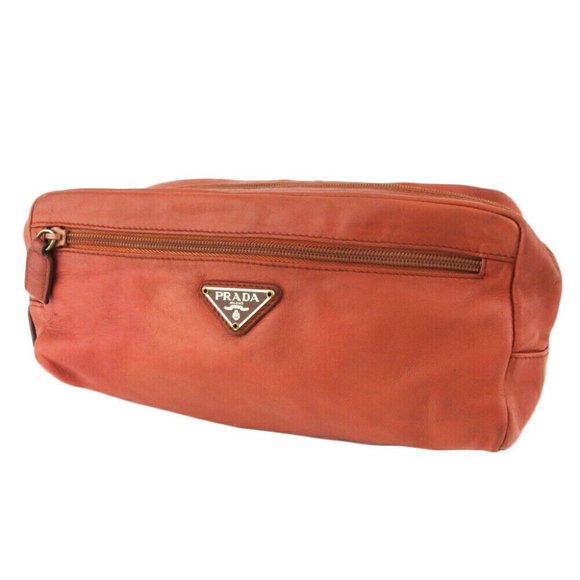 PRADA Clutch Bag Triangle Logo Leather Authentic - Picture 1 of 10
